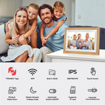 Jazaad 10.1" WiFi Digital Photo Frame 32GB | Oak Wood Frame | HD IPS Touchscreen | Frameo App